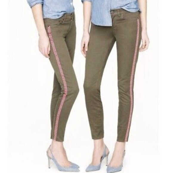 J. Crew Ankle Jeans Olive Cropped Vertical Contrasting Red and White Stripes 27 - Picture 2 of 16